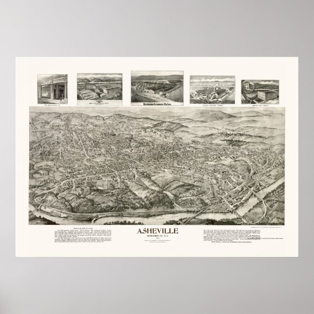 Póster Asheville, Mapa Panorámico de NC - 1912 (Frente)