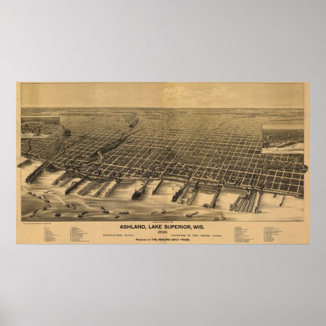 Póster Ashland 1890, WI Birds View Panoramic Map (Frente)