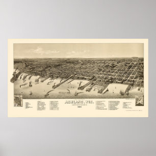 Póster Ashland, mapa panorámico de los WI - 1886