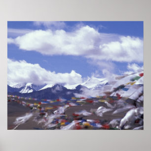 Póster Asia, China, Tibet, Tangla Pass. Banderas de oraci