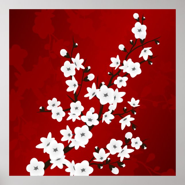 Póster Asia Floral White Cherry Blossom Red (Frente)