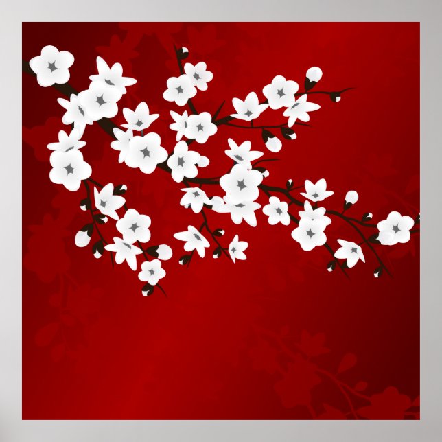 Póster Asia Floral White Cherry Blossom Red (Frente)