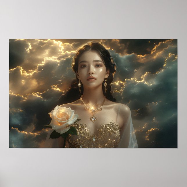 Póster Asian Beauty With White Rose (Frente)