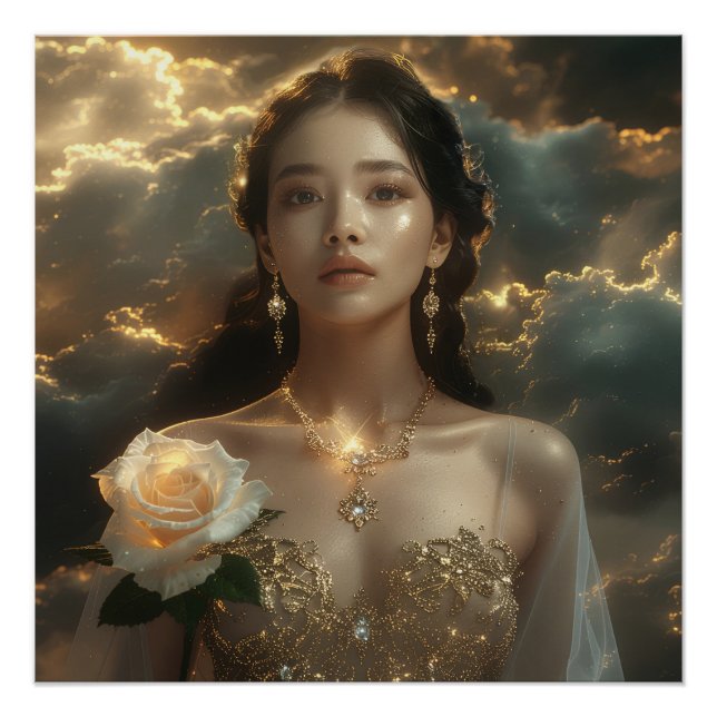 Póster Asian Beauty With White Rose (Anverso)