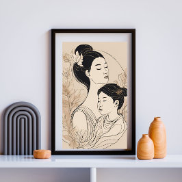 Póster Asian Mother & Daughter – Minimalist Boho Line Art