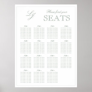 Póster Asiento de Boda de guiones de monograma verde sabi