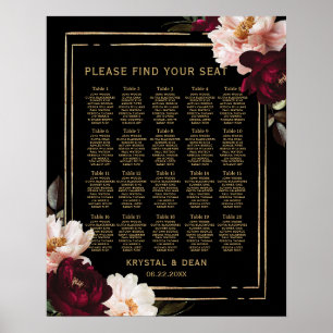 Póster Asiento de Boda floral Black Moody Burgundy Rubor