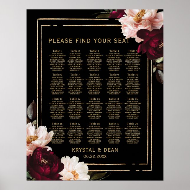 Póster Asiento de Boda floral Black Moody Burgundy Rubor (Frente)