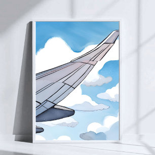 Póster Asiento de Ventana   Ala de Avión Cielo Acuarela V