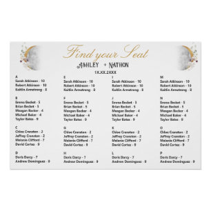 Póster Asiento del Boda de color oro de flores silvestres