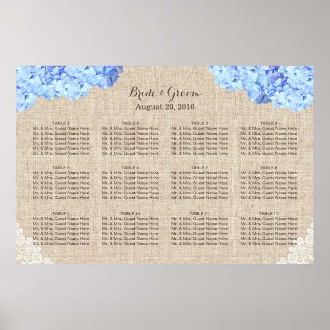 Póster Asiento del Boda Rústico Blue Hydrangea Lace Burla (Frente)