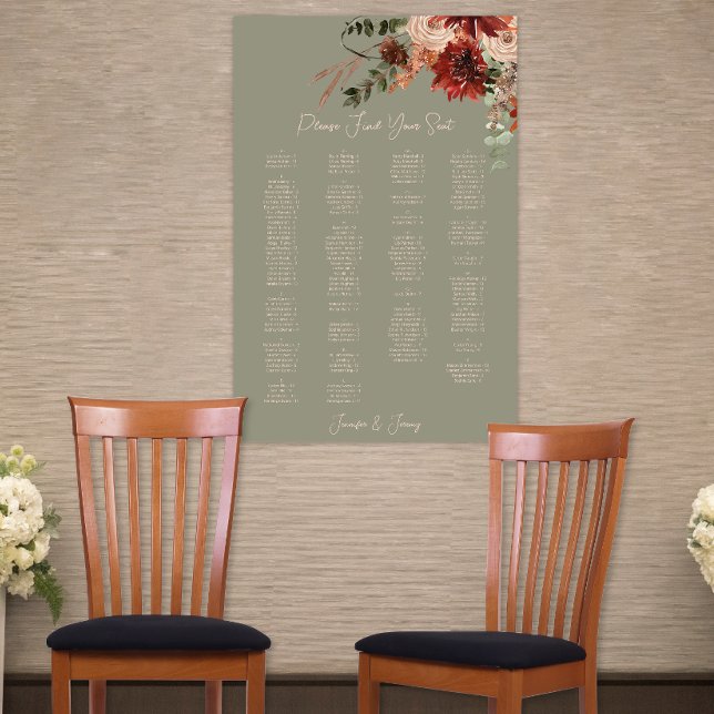 Póster Asiento del Boda Verde Floral de la Caída Neutral  (Boho Rust Neutral Fall Floral Green Wedding Seat Poster)