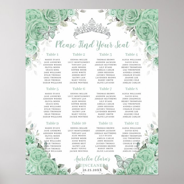Póster Asiento Quinceañera Mint Green Floral Silver (Frente)