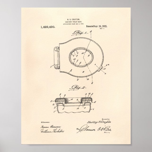 Póster Asiento Sanitary Toilet 1922 Patent Art Old Peper (Frente)