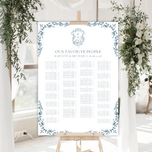 Póster Asientos Alfabéticos Boda Escudo Vintage Azul