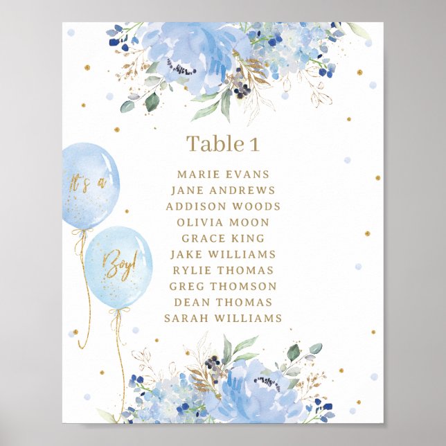 Póster Asientos Baby Shower de los globos florales azules (Frente)