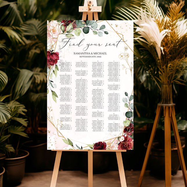 Póster Asientos bodas alfabéticos burdeos boho (Modern burgundy floral gold geometric boho wedding alphabetical seating chart)