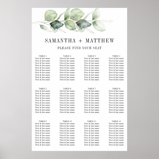 Póster Asientos botánicos de Boda Eucalyptus Greenery (Frente)