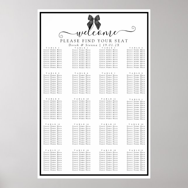 Póster Asientos clásicos de Boda negro y blanco con cinta (Frente)