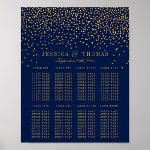 Póster Asientos de boda con confeti azul marino y dorado 