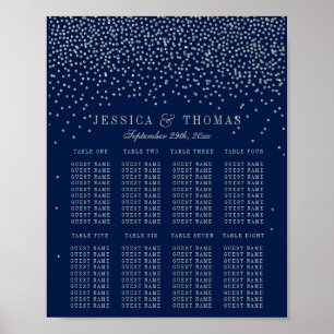 Póster Asientos de boda con confeti de azul marino y plat