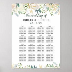Póster Asientos de Boda con Flora Verde y Crema Elegantes