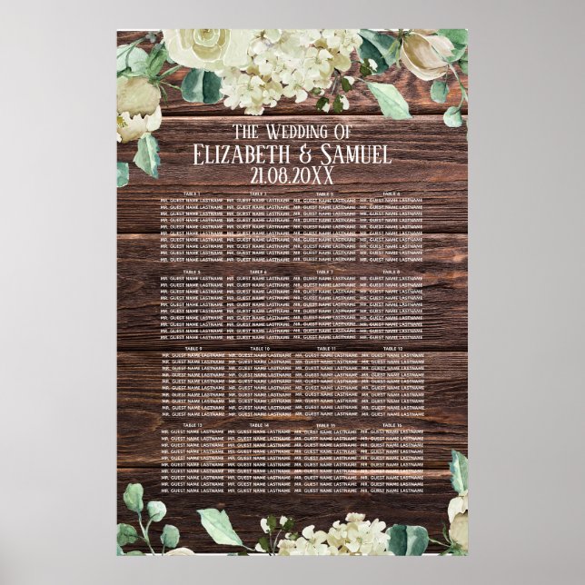 Póster Asientos de Boda de Flores de Acuarela de Madera R (Frente)