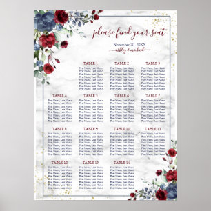 Póster Asientos de Boda de mármol floral azul turgoso de
