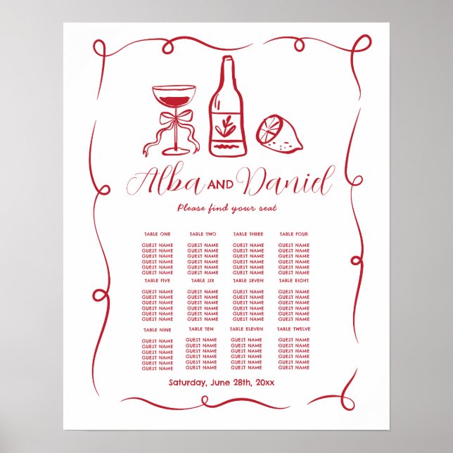 Póster Asientos de Boda de mesa 12 manos dibujadas capric (Frente)