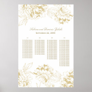 Póster Asientos de boda de peonía floral dorada elegante