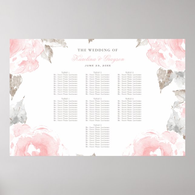 Póster Asientos de Boda de Rosa Gris Rosa Acuarela (Frente)
