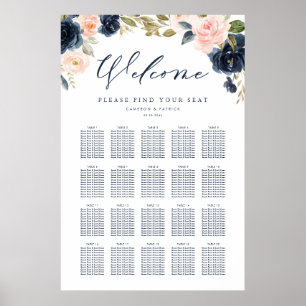 Póster Asientos de Boda floral azul Rubor rosa y naval