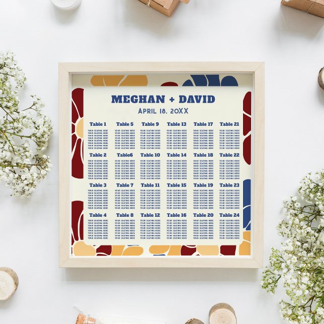 Póster Asientos de Boda Floral de Moda Retro Groovy Boho (Retro Groovy Boho Chic Floral Wedding Seating Poster)