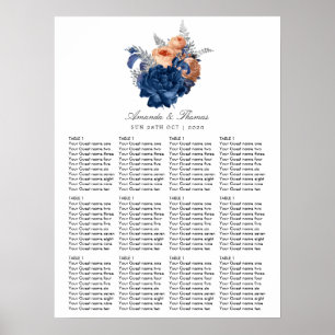 Póster Asientos de boda florales de coral, azul marino y 