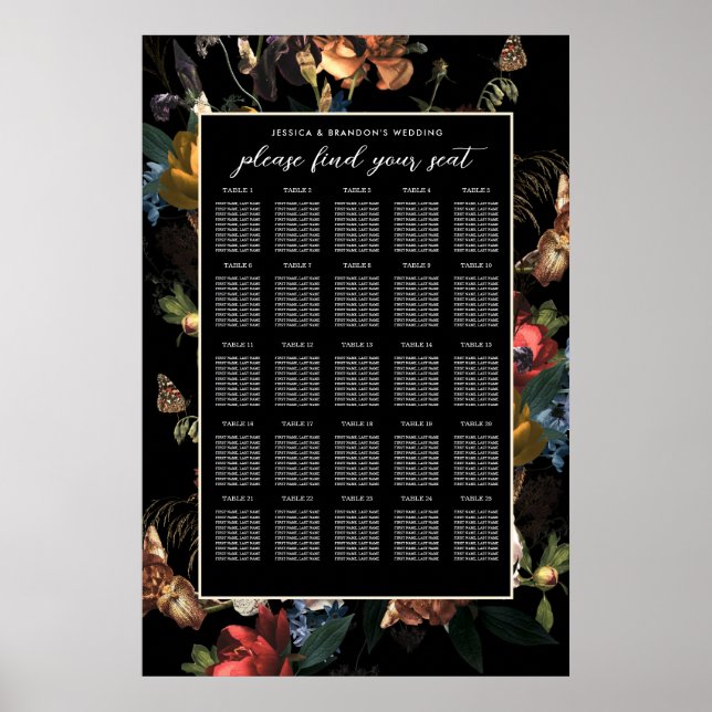 Póster Asientos de boda holandés florales románticos oscu (Frente)