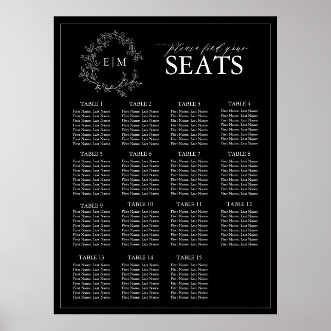 Póster Asientos de Boda Monograma Escudo de Leafy Blanco  (Frente)