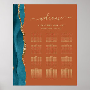 Póster Asientos de boda para 12 mesas en Ágata Teal Gold 
