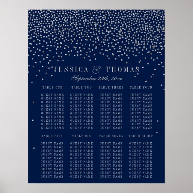 Póster Asientos de Bodas de confetti azul y glam plateado (Frente)