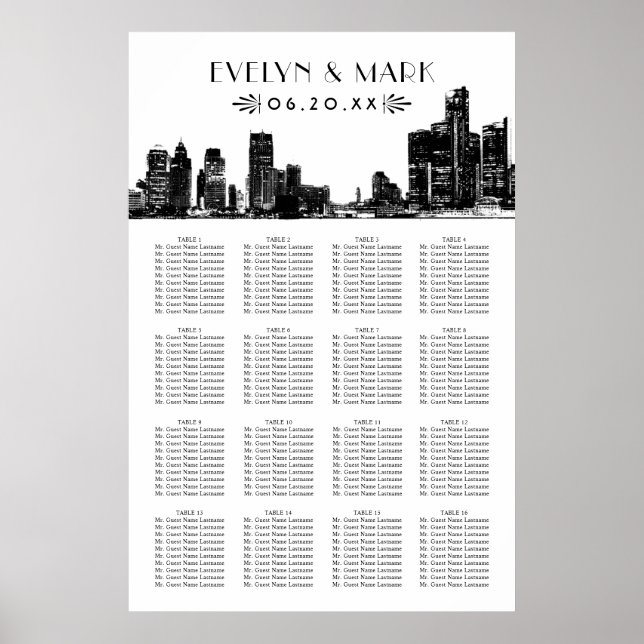 Póster Asientos de Bodas de Detroit Skyline Black Art Dec (Frente)