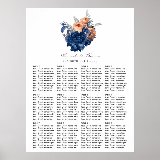 Póster Asientos de Bodas florales de coral, marina y plat (Frente)