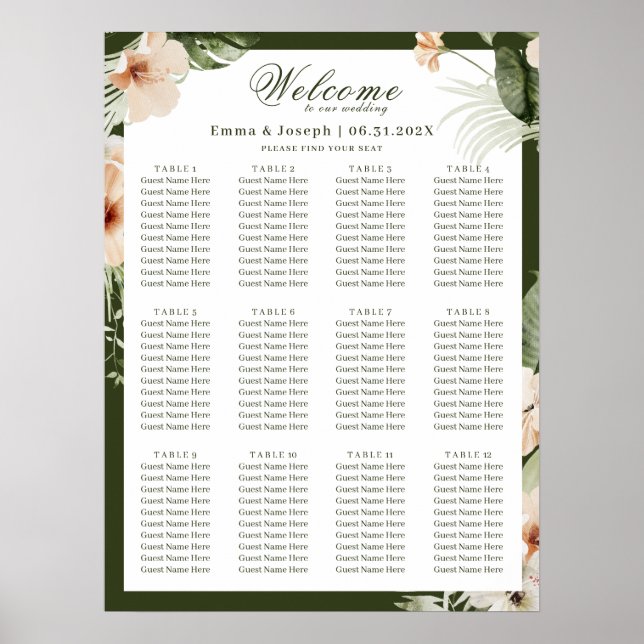 Póster Asientos de hibiscus boho Boda pastel (Frente)