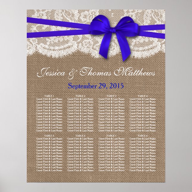 Póster Asientos de la colección de Bodas Rustic Blue Bow (Frente)