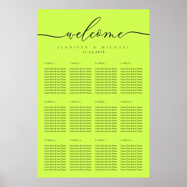 Póster Asientos de mesa de bienvenida de boda Cyber Lime  (Frente)