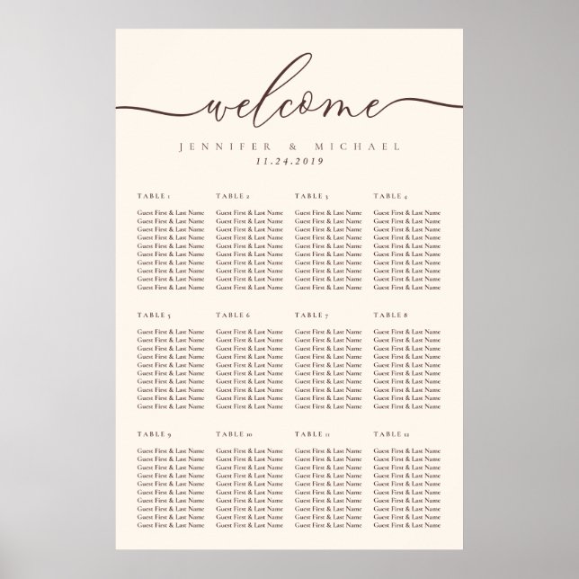 Póster Asientos de mesa de bienvenida de boda marrón choc (Frente)