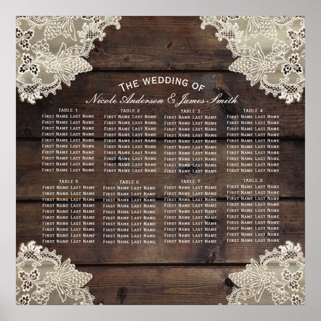Póster Asientos de mesa de Bodas románticos de madera y e (Frente)