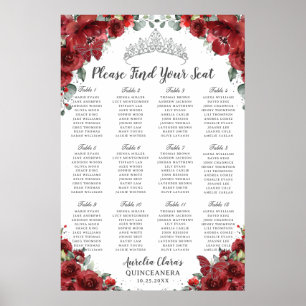 Póster Asientos de Quinceañera Floral Rojo Plata Mis 15 A