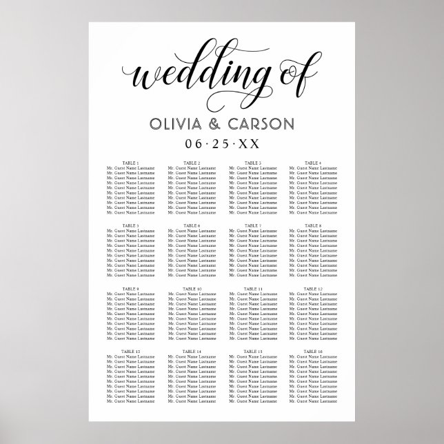Póster Asientos modernos de Boda de guiones blancos y neg (Frente)
