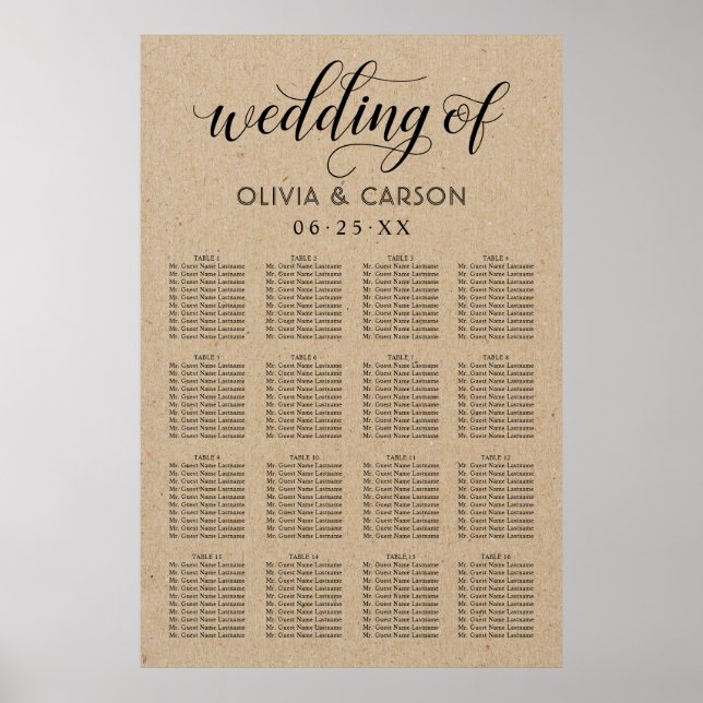Póster Asientos modernos de Boda Kraft y Black Script (Frente)