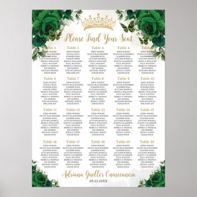 Póster Asientos para Quinceañera de Flores Verde Esmerald (Frente)