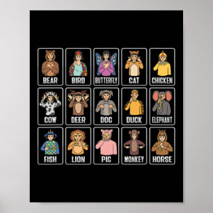 Póster Asl Hand Gesture Animals Deaf Hearing Loss Awarene